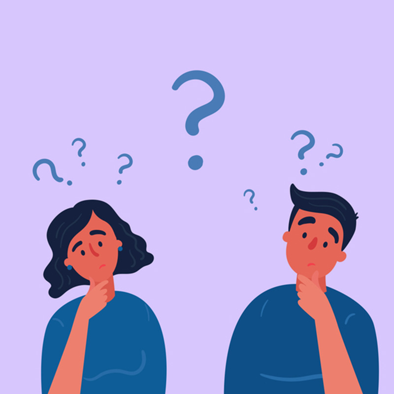 a cartoon couple with a ? above them